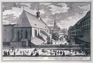 Ansicht der St. Jakob Kirche, Wien, graviert von Georg-Daniel Heumann (1691-1759)